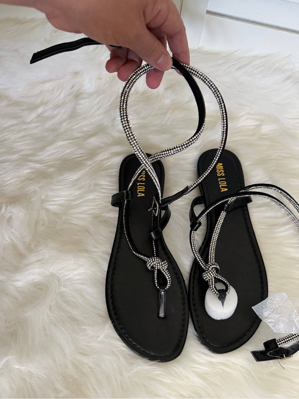 Miss Lola Black Rhinestone Knot T-Strap Sandals - Picture 2 of 4